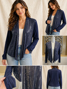 Made In Italy Size L Navy Sequin Open Front Cardigan Cocktail Wedding Duster